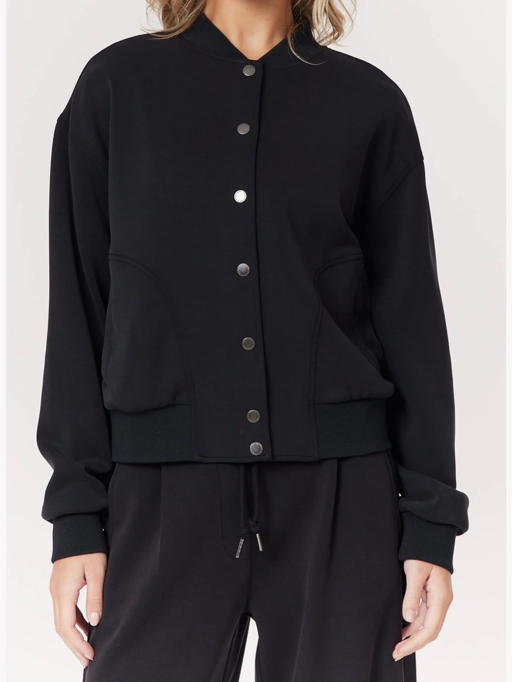 Scotch & Soda Black Jersey Bomber Jacket Snap Front Minimalist Modal Blend M